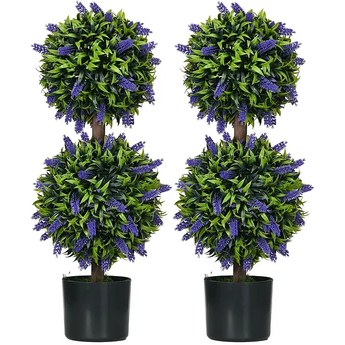 Homcom Kunstpflanze Lebendiges Design -  - Vier künstliche Lavendel-Kugelbäume mit grünen Blättern und violetten Blüten in schwarzen Töpfen.