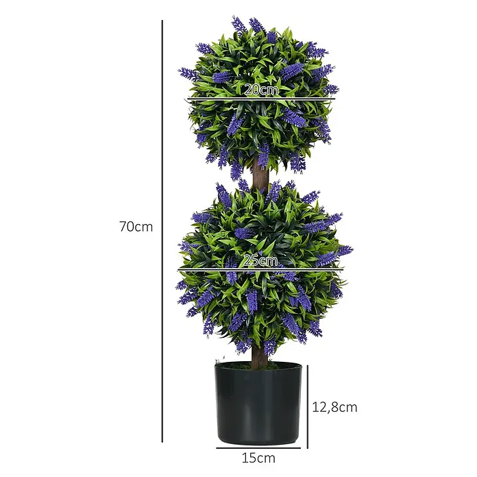 Homcom Kunstpflanze Lebendiges Design -  - 70 cm hohe künstliche Lavendel-Kugel mit zwei grünen und lila Blütenkugeln in einem 15 cm breiten schwarzen Topf.