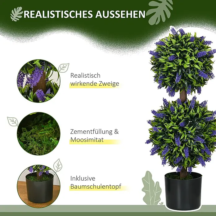 Homcom Kunstpflanze Lebendiges Design -  - Realistische künstliche Lavendel-Kugelbaum mit grünen Blättern, lila Blüten und Moosimitat in einem schwarzen Topf.