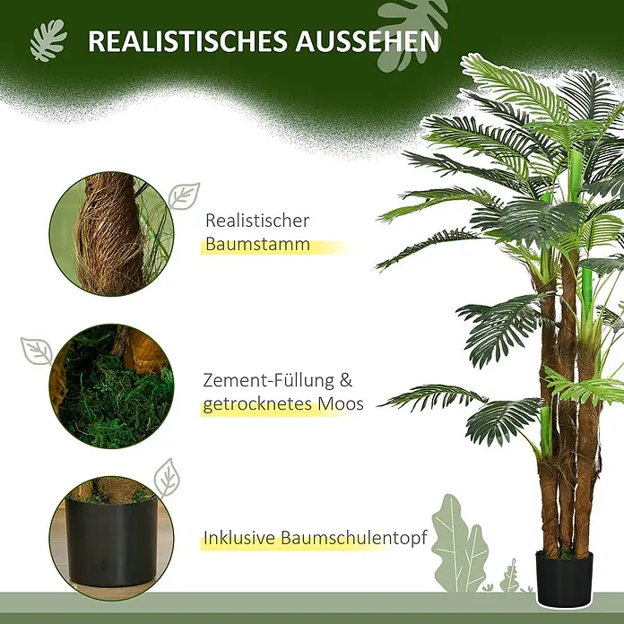 Homcom Kunstpflanze künstliche Palme - Höhe: 160 cm, Blütenfarbe: Grün, Kunststoff