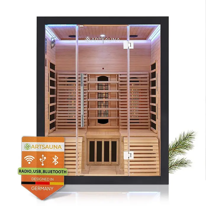 Artsauna Elementsauna - L x B x H: 150 x 150 x 190 cm - ARTSAUNA Infrarotsaunakabine aus hellem Holz mit dunklem Rahmen, Glastür und LED-Innenbeleuchtung.