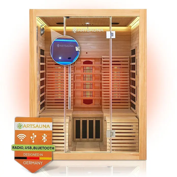 Infrarotkabine Wärmekabine Helsinki 150 mit Dual-Technologie -  - Moderne Artsauna Infrarotkabine aus hellem Holz mit Glastür, mit Radio, USB, Bluetooth, designed in Deutschland.