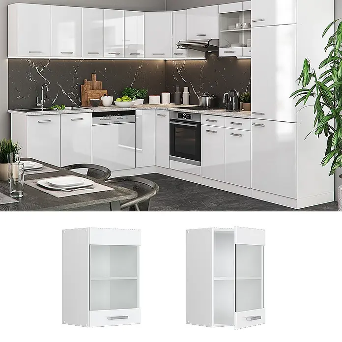 Vicco Schrankküche R-Line Weiß Hochglanz - Weiß Hochglanz, Hängeglasschrank 40 cm