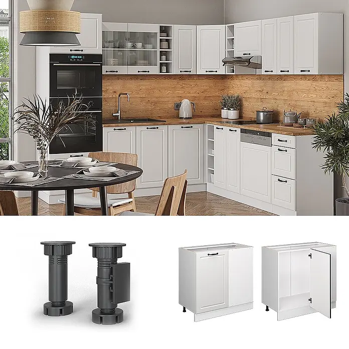 Vicco Schrankküche R-Line Weiß Landhaus ohne Arbeitsplatte - Breite: 86 cm, Weiß Landhaus, Eckunterschrank 86 cm - Moderne weiße Küchenschränke mit dunklen Griffen, in einer Küche und mit verstellbaren schwarzen Füßen gezeigt.
