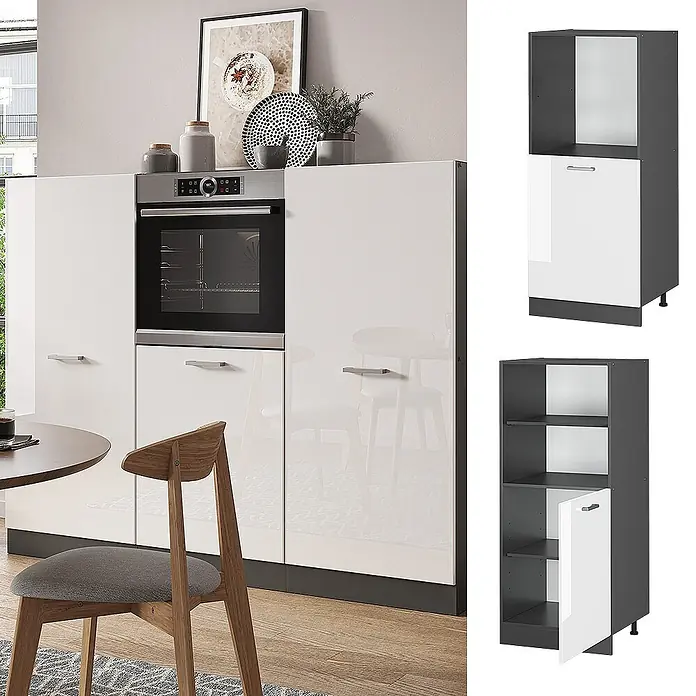 Vicco Schrankküche R-Line Weiß Hochglanz - Weiß Hochglanz, Backofenumbauschrank 60 cm (halb)