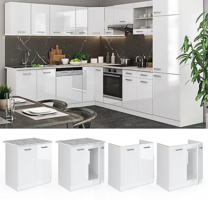 Vicco Schrankküche R-Line Weiß Hochglanz ohne Arbeitsplatte - Weiß Hochglanz, Spülenunterschrank 80 cm