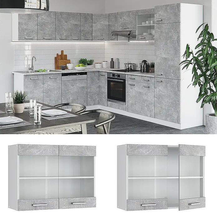 Vicco Schrankküche R-Line Beton - Beton, Hängeglasschrank 80 cm - Komplette Eckküche in modernem Grau-Beton-Look, mit viel Stauraum und integrierten Geräten.