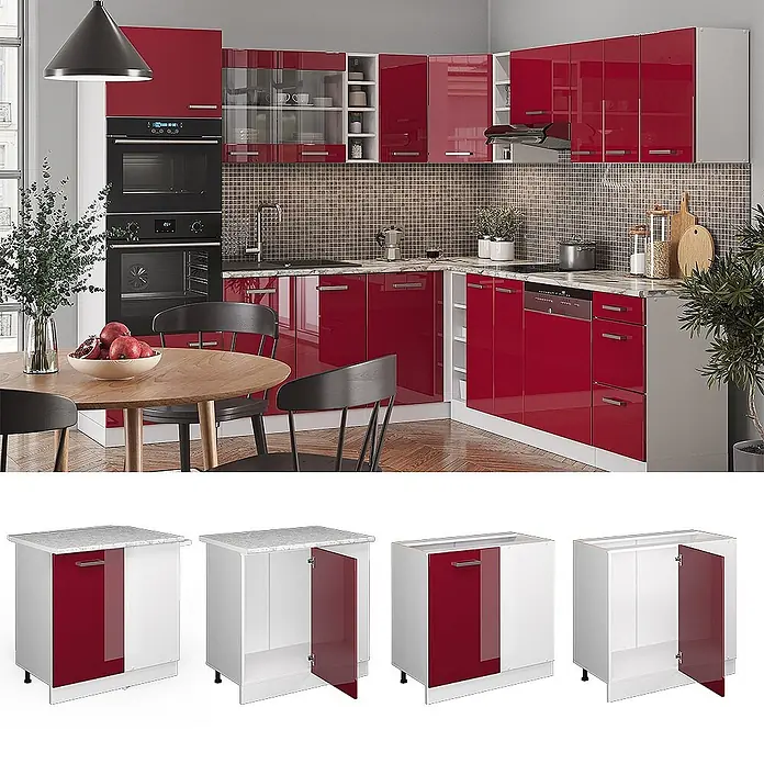 Vicco Schrankküche R-Line Rot Hochglanz ohne Arbeitsplatte - Breite: 86 cm, Rot Hochglanz, Eckunterschrank 86 cm - Moderne rot-weiße Hochglanz-Küchenschränke mit verschiedenen Modulen und Einbaugeräten, als komplette Küche und Einzelteile.