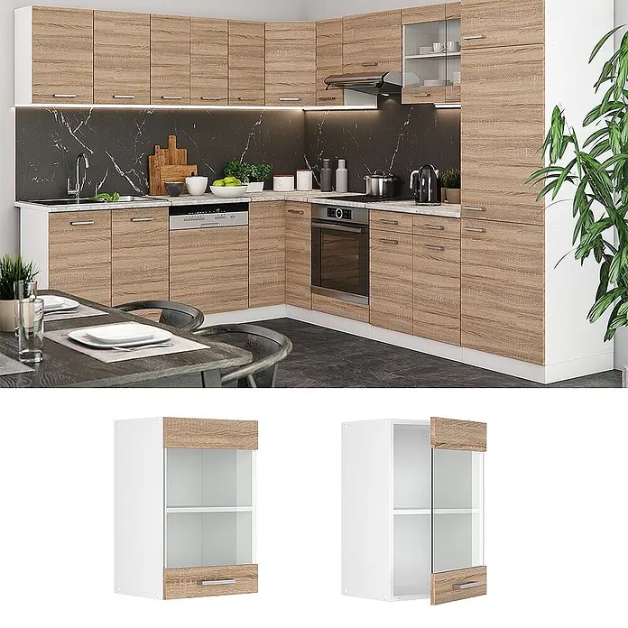 Vicco Schrankküche R-Line Sonoma - Sonoma, Hängeglasschrank 40 cm - Moderne modulare Küchenschränke in heller Holzoptik und Weiß mit integrierten Geräten und schwarzer Marmor-Rückwand.