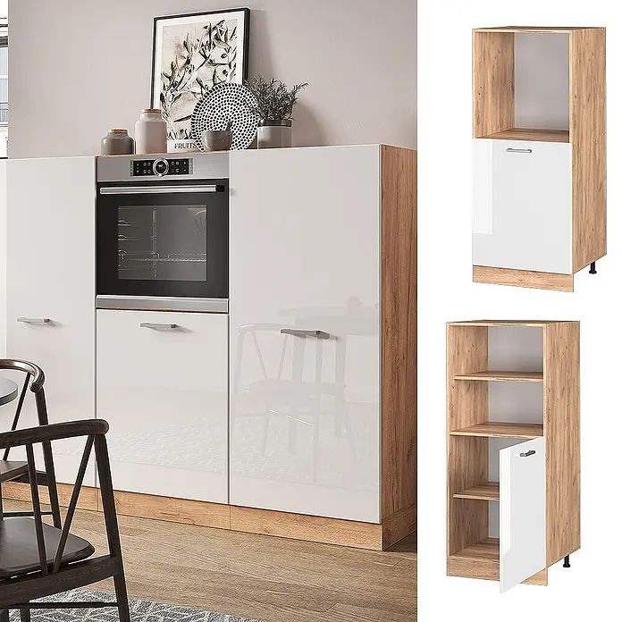 Vicco Schrankküche R-Line Weiß Hochglanz - Weiß Hochglanz, Backofenumbauschrank 60 cm (halb)