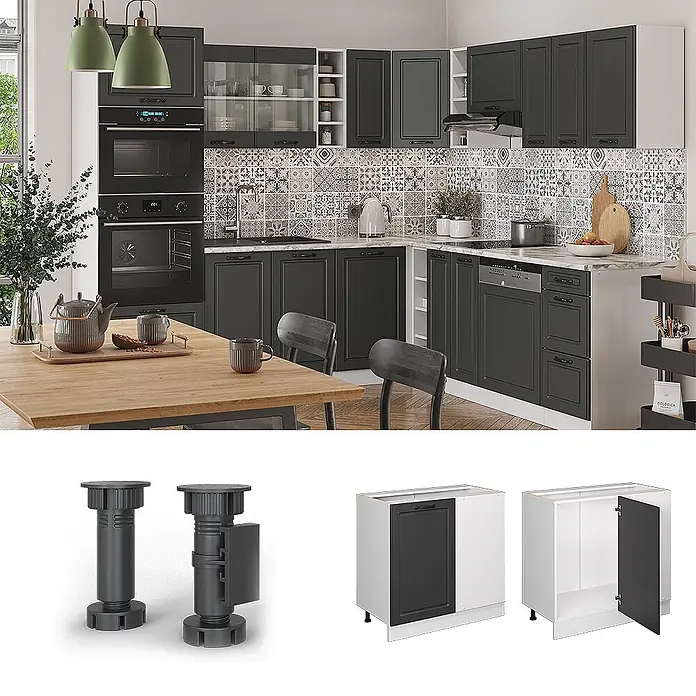 Vicco Schrankküche R-Line Anthrazit Landhaus ohne Arbeitsplatte - Breite: 86 cm, Anthrazit Landhaus, Eckunterschrank 86 cm - Modulare dunkelgraue Küchenschränke und verstellbare Sockelfüße, wie in einer modernen Kücheneinrichtung gezeigt.