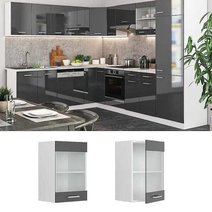 Vicco Schrankküche R-Line Anthrazit Hochglanz - Anthrazit Hochglanz, Hängeglasschrank 40 cm - Moderne Eckküche mit hochglanzdunkelgrauen Schränken, weißer Umrahmung und integrierten Geräten, in einem zeitgenössischen Interieur.