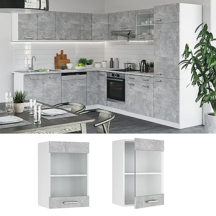 Vicco Schrankküche R-Line Beton - Beton, Hängeglasschrank 40 cm - Moderne Küche mit grauen Betonoptik-Schränken, bestehend aus Ober-, Unter- und Hochschränken sowie integrierten Geräten.