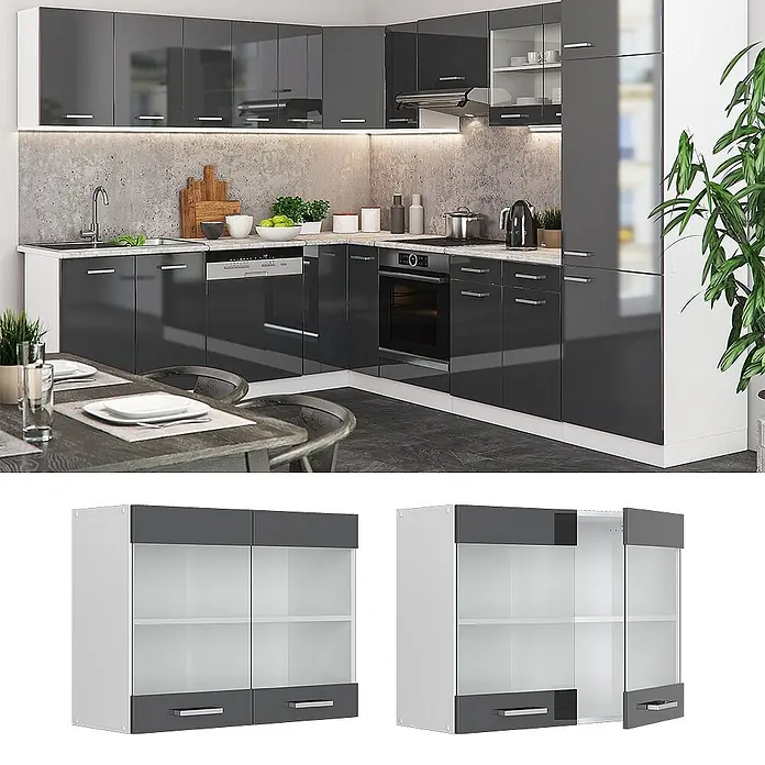 Vicco Schrankküche R-Line Anthrazit Hochglanz - Anthrazit Hochglanz, Hängeglasschrank 80 cm - Moderne L-förmige Küche mit dunkelgrauen Hochglanz- und weißen Schränken, mit integrierten Geräten.