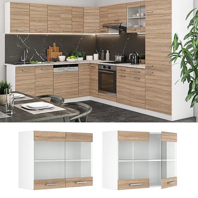 Vicco Schrankküche R-Line Sonoma - Sonoma, Hängeglasschrank 80 cm - Moderne L-förmige Küche mit hellen Holzfronten, weißen Arbeitsplatten und schwarzer Marmor-Rückwand, inklusive integrierter Geräte.