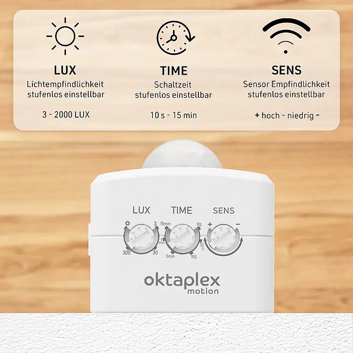 Oktaplex Lighting Bewegungsmelder Sia - Reichweite Sensor: 9 m, Weiß, Erfassungswinkel Sensor: 120 °, L x B x H: 44 x 52 x 98 mm