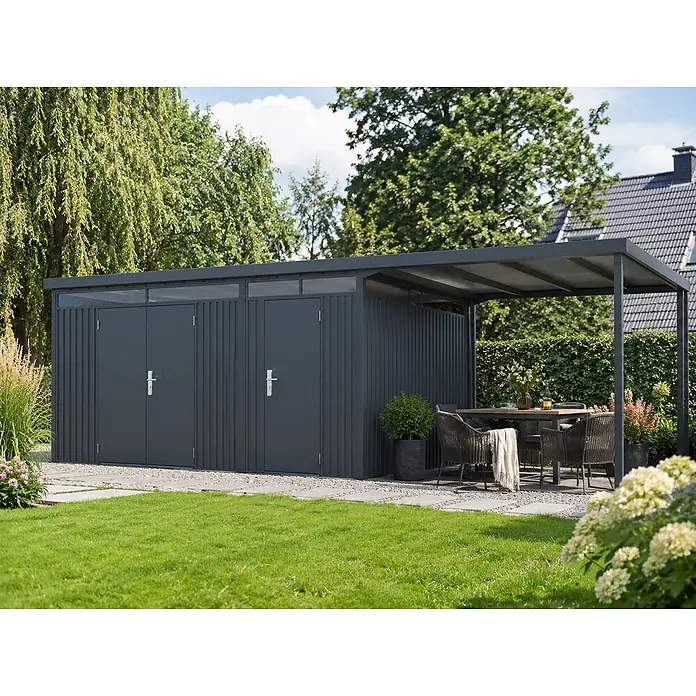 StarLine Metall Gerätehaus SU-1015-TW-CP - Außenbreite inkl. Dachüberstand: 729 cm, Außentiefe inkl. Dachüberstand: 300 cm, Metall, Anthrazit RAL 7016