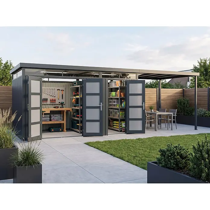 StarLine Metall Gerätehaus SU-1015-TW-CP - Außenbreite inkl. Dachüberstand: 729 cm, Außentiefe inkl. Dachüberstand: 300 cm, Metall, Anthrazit RAL 7016