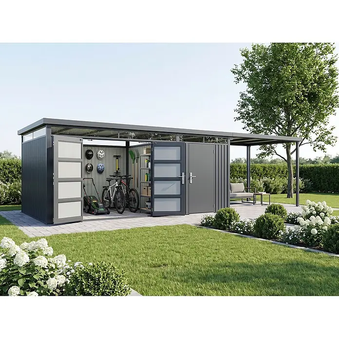 StarLine Metall Gerätehaus SU-1015-TW-CP - Außenbreite inkl. Dachüberstand: 729 cm, Außentiefe inkl. Dachüberstand: 300 cm, Metall, Anthrazit RAL 7016