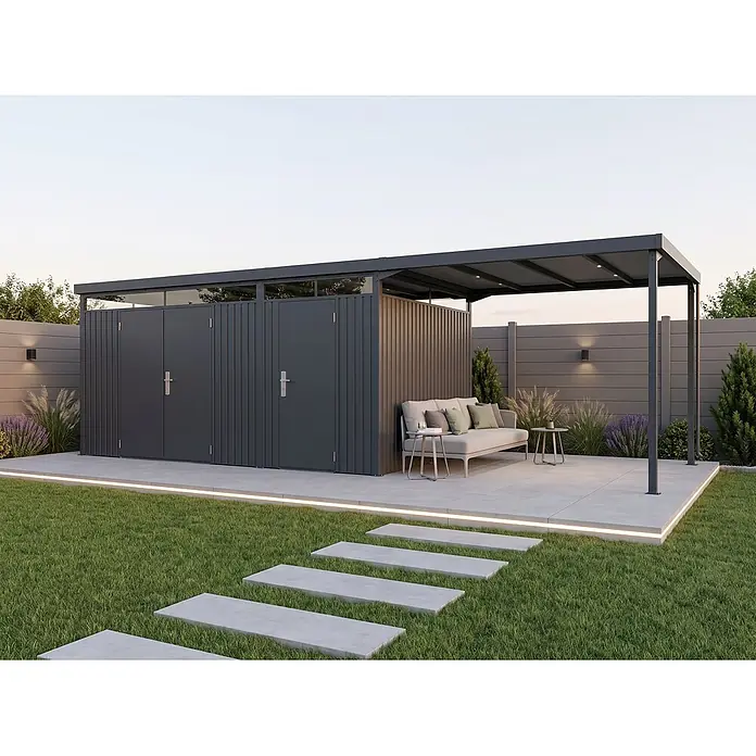 StarLine Metall Gerätehaus SU-1015-TW-CP - Außenbreite inkl. Dachüberstand: 729 cm, Außentiefe inkl. Dachüberstand: 300 cm, Metall, Anthrazit RAL 7016