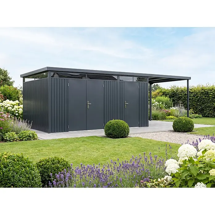 StarLine Metall Gerätehaus SU-1015-TW-CP - Außenbreite inkl. Dachüberstand: 729 cm, Außentiefe inkl. Dachüberstand: 300 cm, Metall, Anthrazit RAL 7016