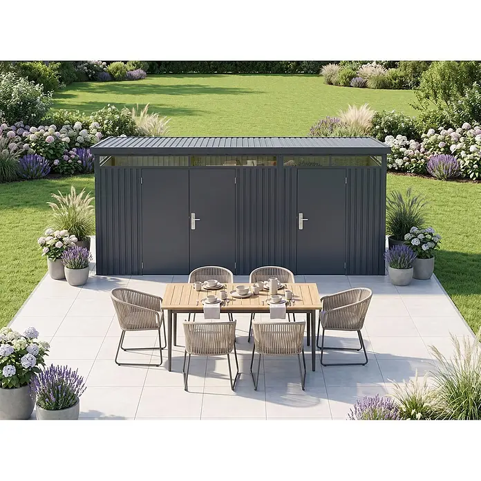 StarLine Metall Gerätehaus SU-1015-TW - Außenbreite inkl. Dachüberstand: 455 cm, Außentiefe inkl. Dachüberstand: 300 cm, Metall, Anthrazit RAL 7016
