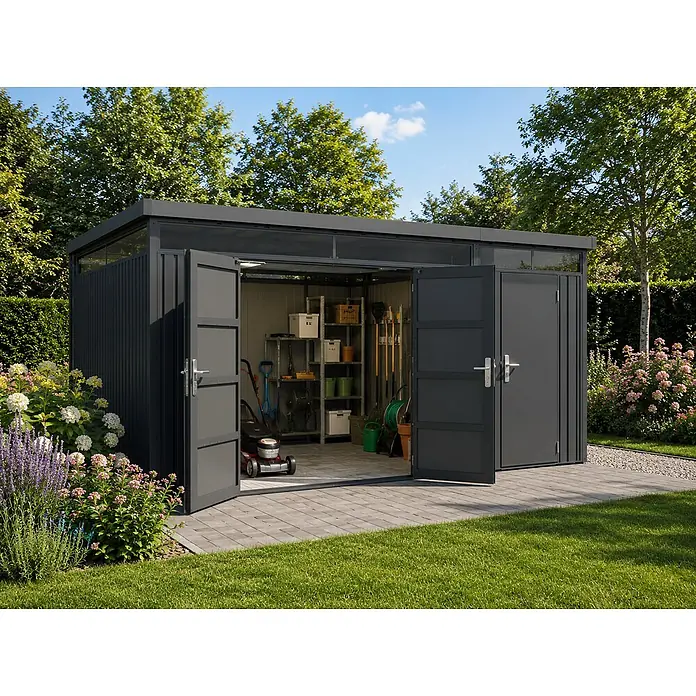 StarLine Metall Gerätehaus SU-1015-TW - Außenbreite inkl. Dachüberstand: 455 cm, Außentiefe inkl. Dachüberstand: 300 cm, Metall, Anthrazit RAL 7016