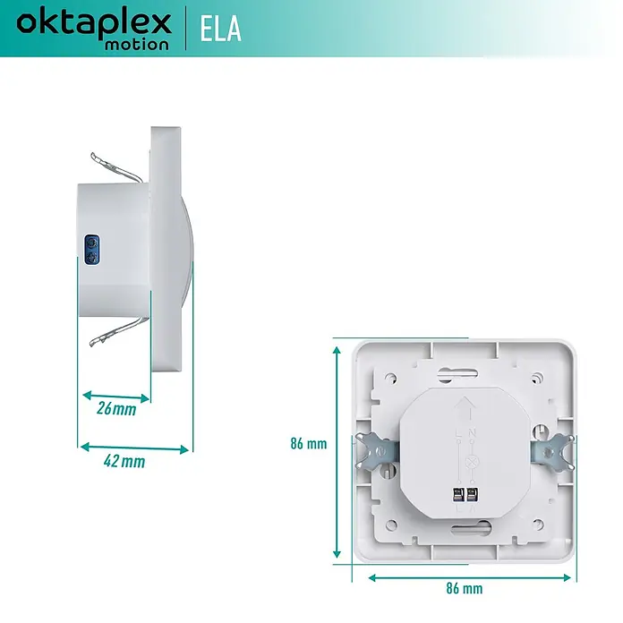 Oktaplex Motion Bewegungsmelder Ela - Reichweite Sensor: 9 m, Weiß, Erfassungswinkel Sensor: 160 °, L x B x H: 42 x 86 x 86 mm
