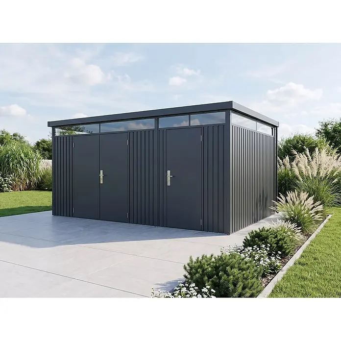StarLine Metall Gerätehaus SU-1015-TW - Außenbreite inkl. Dachüberstand: 455 cm, Außentiefe inkl. Dachüberstand: 300 cm, Metall, Anthrazit RAL 7016