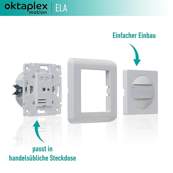 Oktaplex Motion Bewegungsmelder Ela - Reichweite Sensor: 9 m, Weiß, Erfassungswinkel Sensor: 160 °, L x B x H: 42 x 86 x 86 mm
