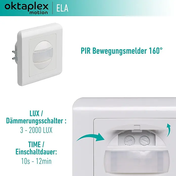 Oktaplex Motion Bewegungsmelder Ela - Reichweite Sensor: 9 m, Weiß, Erfassungswinkel Sensor: 160 °, L x B x H: 42 x 86 x 86 mm
