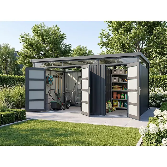 StarLine Metall Gerätehaus SU-1015-TW - Außenbreite inkl. Dachüberstand: 455 cm, Außentiefe inkl. Dachüberstand: 300 cm, Metall, Anthrazit RAL 7016
