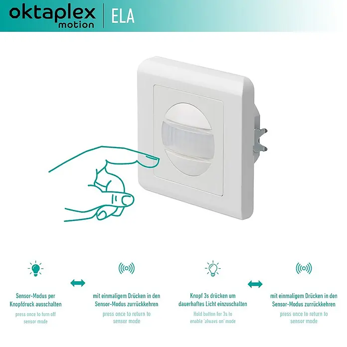 Oktaplex Motion Bewegungsmelder Ela - Reichweite Sensor: 9 m, Weiß, Erfassungswinkel Sensor: 160 °, L x B x H: 42 x 86 x 86 mm