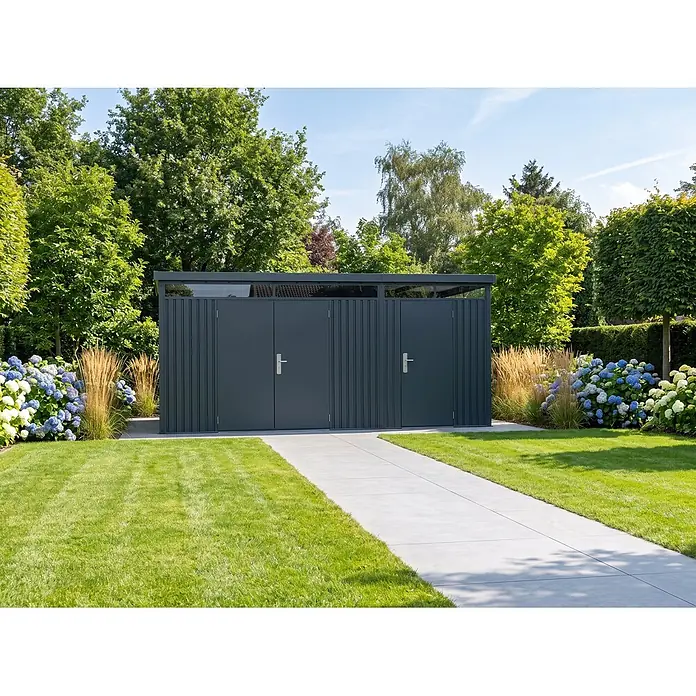 StarLine Metall Gerätehaus SU-1015-TW - Außenbreite inkl. Dachüberstand: 455 cm, Außentiefe inkl. Dachüberstand: 300 cm, Metall, Anthrazit RAL 7016