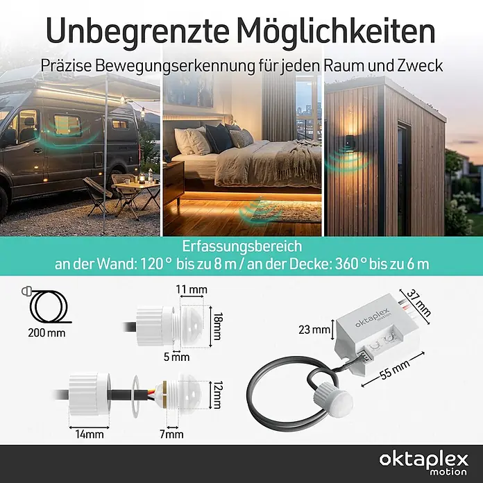 Oktaplex Motion Bewegungsmelder Jan - Reichweite Sensor: 8 m, Weiß, Erfassungswinkel Sensor: 360 °, L x B x H: 37 x 24 x 55 mm