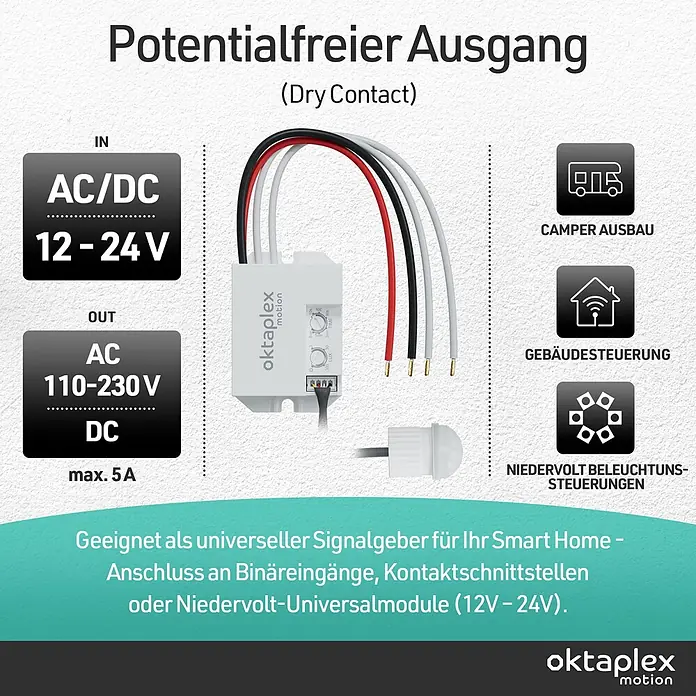 Oktaplex Motion Bewegungsmelder Jan - Reichweite Sensor: 8 m, Weiß, Erfassungswinkel Sensor: 360 °, L x B x H: 37 x 24 x 55 mm
