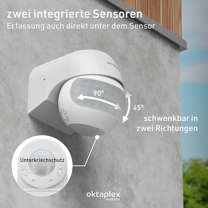 Oktaplex Motion Bewegungsmelder Anja - Reichweite Sensor: 12 m, Weiß, Erfassungswinkel Sensor: 180 °, L x B x H: 80 x 55 x 68 mm
