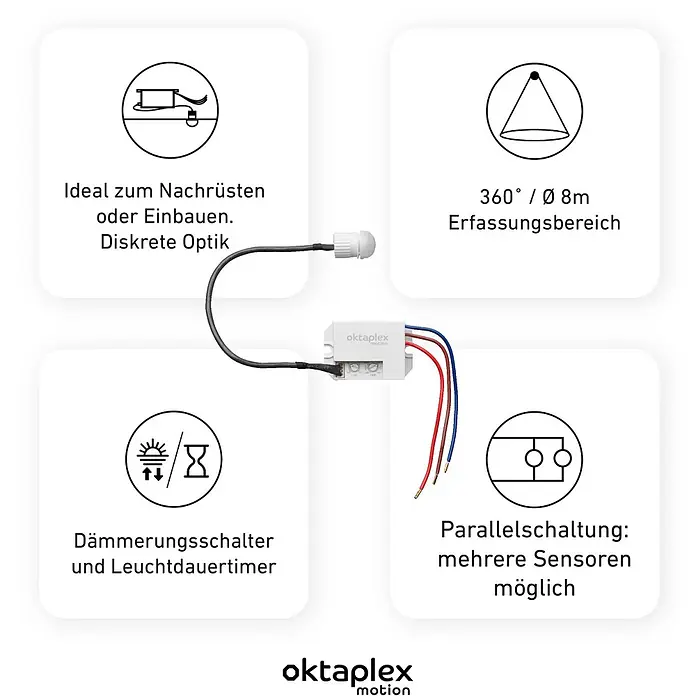Oktaplex Motion Bewegungsmelder Jan - Reichweite Sensor: 8 m, Weiß, Erfassungswinkel Sensor: 360 °, L x B x H: 37 x 24 x 55 mm