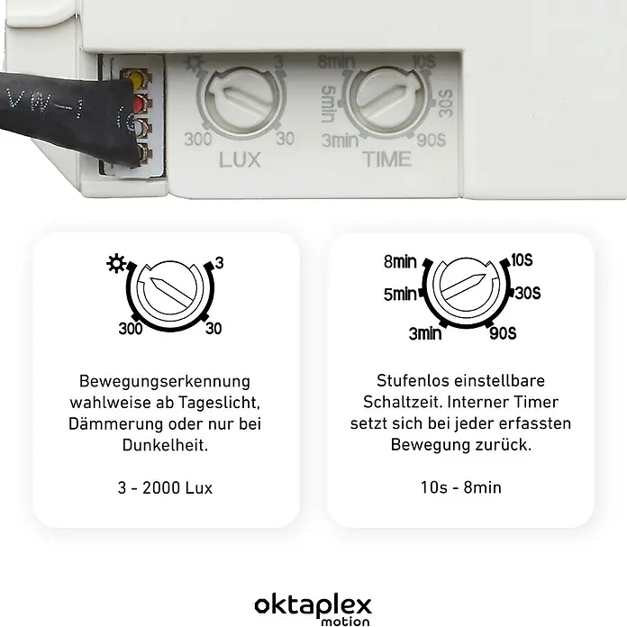 Oktaplex Motion Bewegungsmelder Jan - Reichweite Sensor: 8 m, Weiß, Erfassungswinkel Sensor: 360 °, L x B x H: 37 x 24 x 55 mm