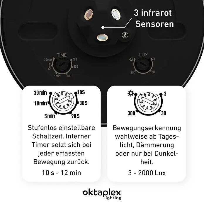 Oktaplex Motion Bewegungsmelder Pia - Reichweite Sensor: 9 m, Schwarz, Erfassungswinkel Sensor: 360 °, L x B x H: 115 x 115 x 48 mm