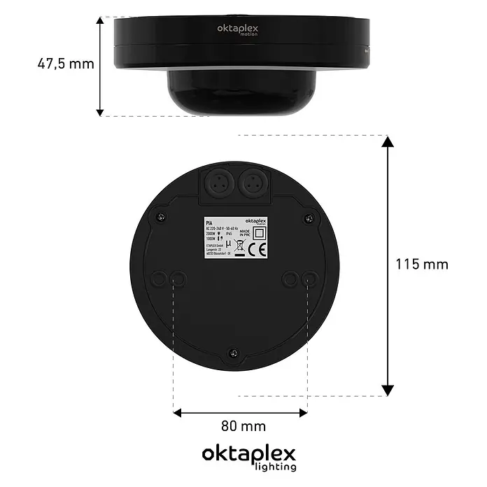 Oktaplex Motion Bewegungsmelder Pia - Reichweite Sensor: 9 m, Schwarz, Erfassungswinkel Sensor: 360 °, L x B x H: 115 x 115 x 48 mm