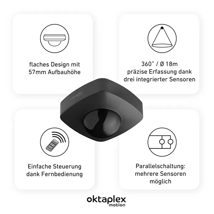 Oktaplex Motion Bewegungsmelder Tim - Reichweite Sensor: 9 m, Anthrazit, Erfassungswinkel Sensor: 360 °, L x B x H: 102 x 102 x 60 mm