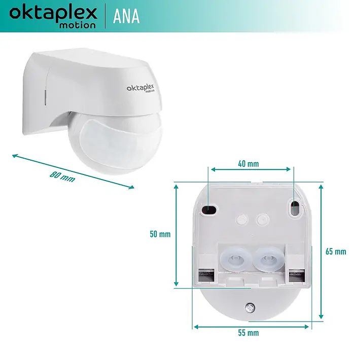 Oktaplex Motion Bewegungsmelder Ana - Reichweite Sensor: 12 m, Weiß, Erfassungswinkel Sensor: 180 °, L x B x H: 80 x 55 x 65 mm