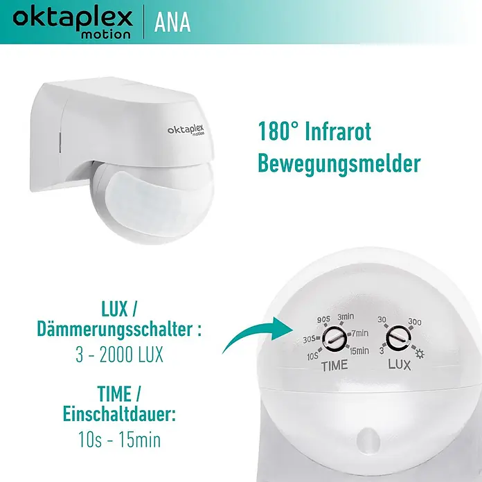 Oktaplex Motion Bewegungsmelder Ana - Reichweite Sensor: 12 m, Weiß, Erfassungswinkel Sensor: 180 °, L x B x H: 80 x 55 x 65 mm