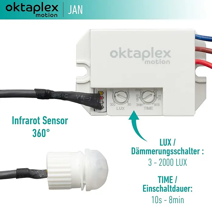 Oktaplex Motion Bewegungsmelder Jan - Reichweite Sensor: 8 m, Weiß, Erfassungswinkel Sensor: 360 °, L x B x H: 37 x 24 x 55 mm