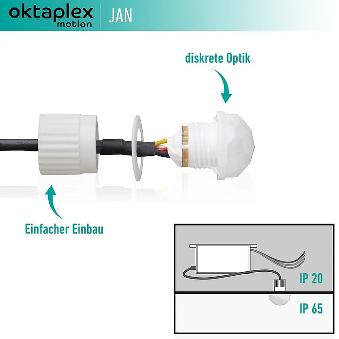 Oktaplex Motion Bewegungsmelder Jan - Reichweite Sensor: 8 m, Weiß, Erfassungswinkel Sensor: 360 °, L x B x H: 37 x 24 x 55 mm