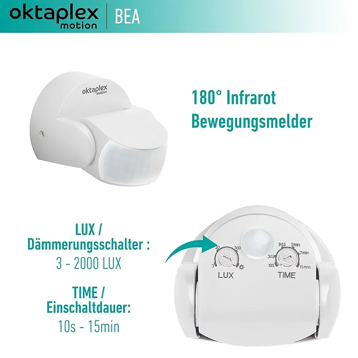 Oktaplex Motion Bewegungsmelder Bea - Reichweite Sensor: 12 m, Weiß, Erfassungswinkel Sensor: 180 °, L x B x H: 92 x 76 x 64 mm