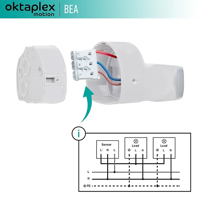 Oktaplex Motion Bewegungsmelder Bea - Reichweite Sensor: 12 m, Weiß, Erfassungswinkel Sensor: 180 °, L x B x H: 92 x 76 x 64 mm
