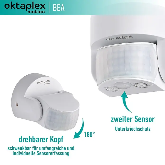 Oktaplex Motion Bewegungsmelder Bea - Reichweite Sensor: 12 m, Weiß, Erfassungswinkel Sensor: 180 °, L x B x H: 92 x 76 x 64 mm