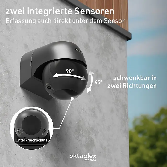 Oktaplex Motion Bewegungsmelder Anja - Reichweite Sensor: 12 m, Anthrazit, Erfassungswinkel Sensor: 180 °, L x B x H: 80 x 55 x 68 mm